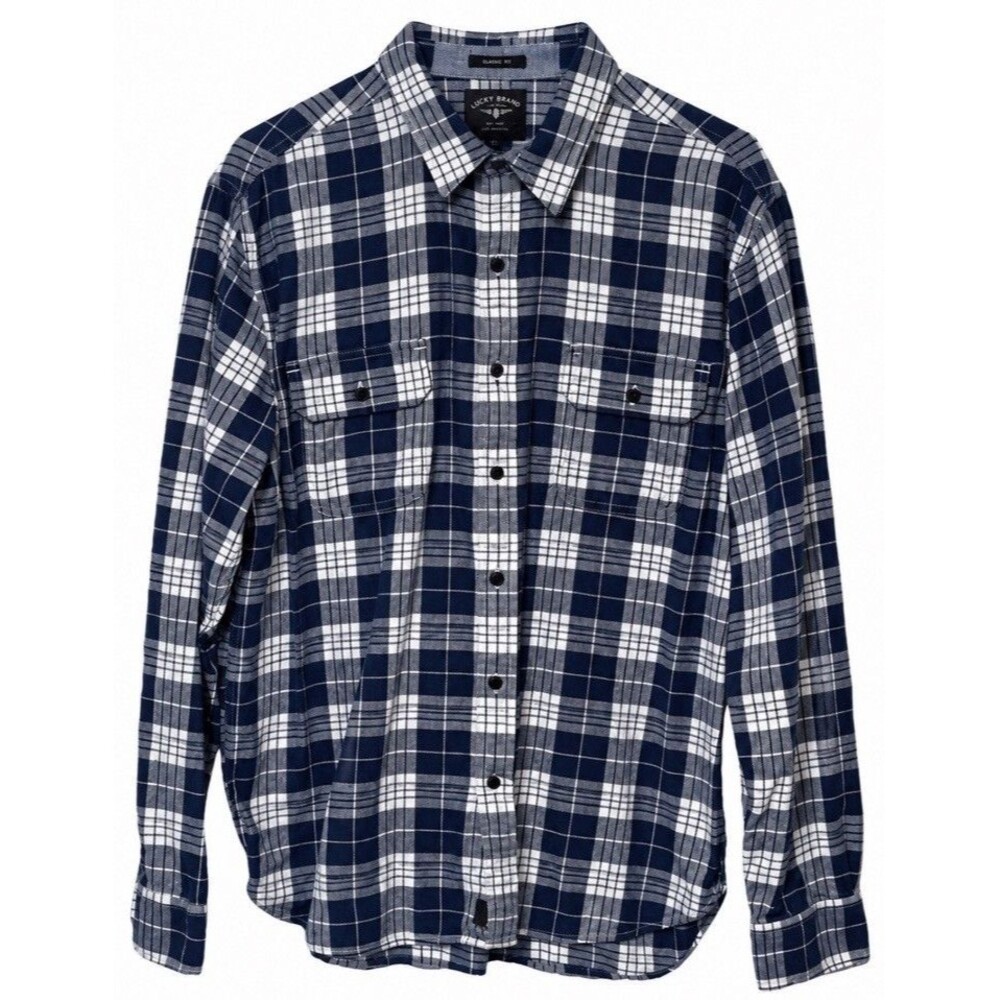 Lucky Brand Black Label Men’s L Plaid Flannel Shirt Navy Blue Classic Fit